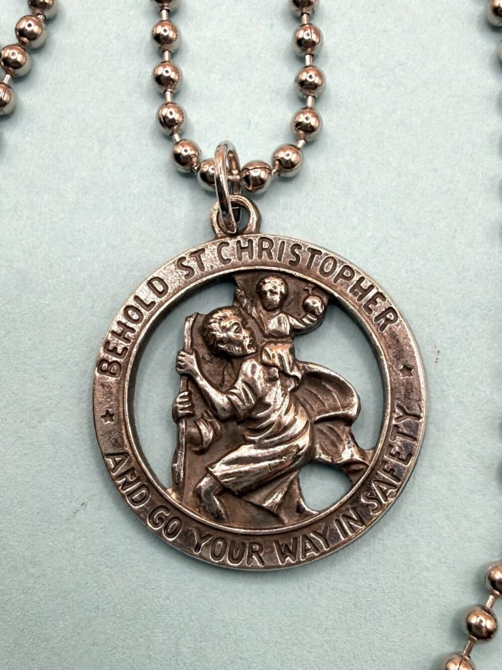 Vintage St. Saint Christopher Religious Medal Pendant Long Steel Chain Necklace